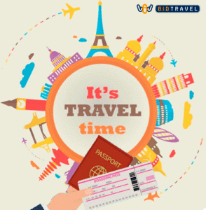 Cartel que anuncia "es la hora de viajar con BIDtravel"