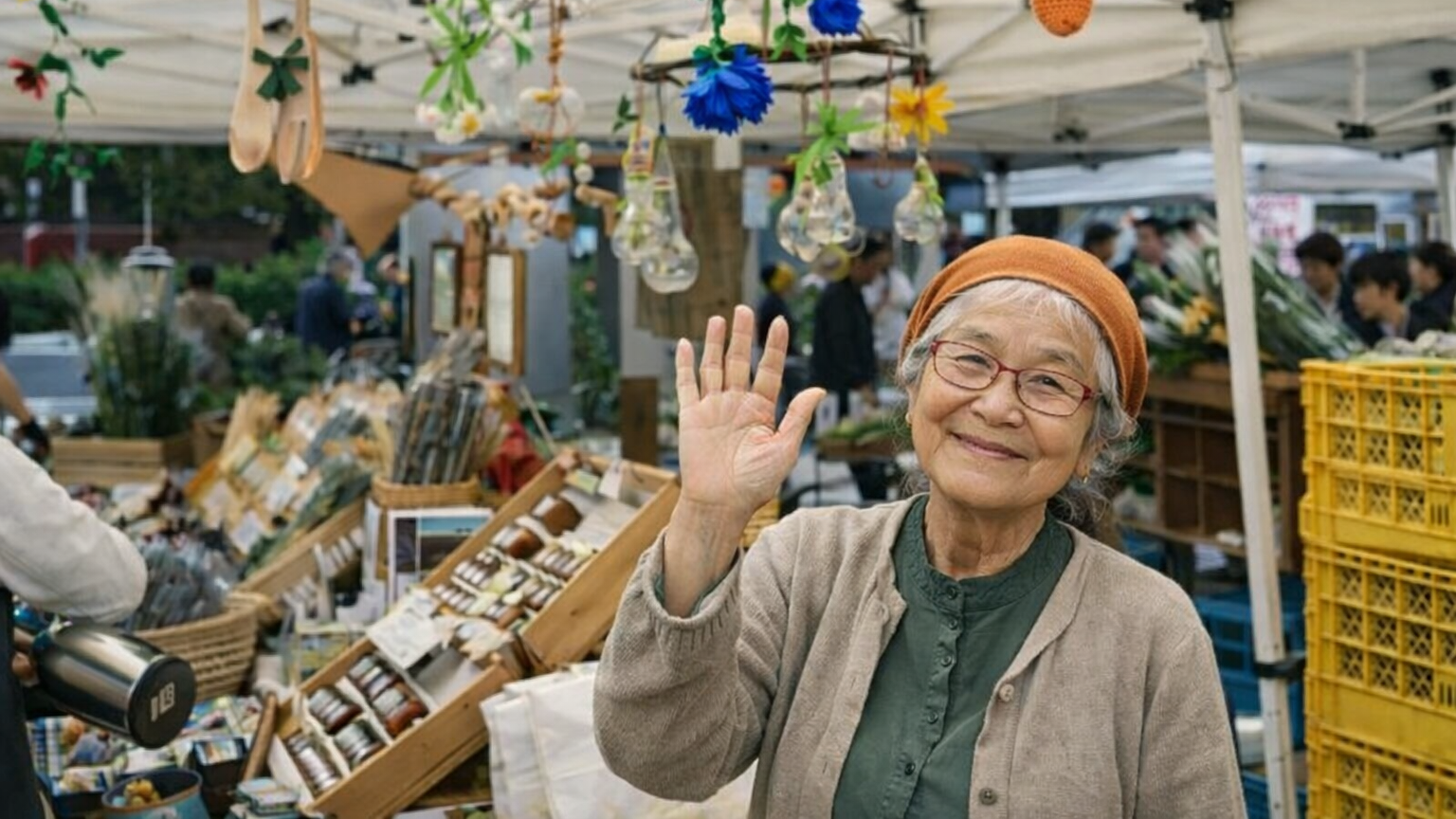 Mujer mayor vendiendo en un mercado de Tokio