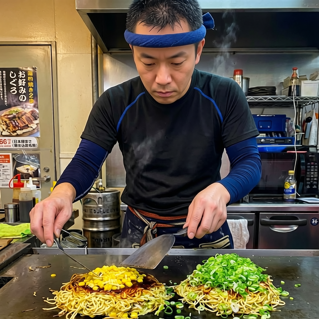 Hombre japonés de Hiroshima cocinando okonomiyaki, plato típico.