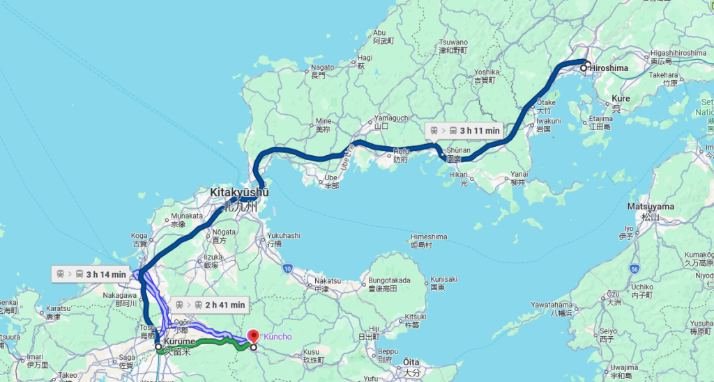 De Hiroshima a Hita en tren, imágen de Google Maps